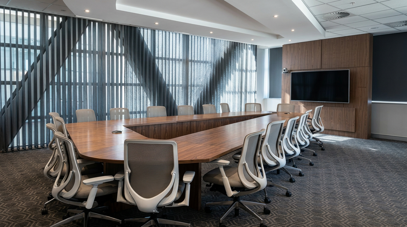 A walnut boardroom designed by TH Design — calm, considered, and precisely detailed.